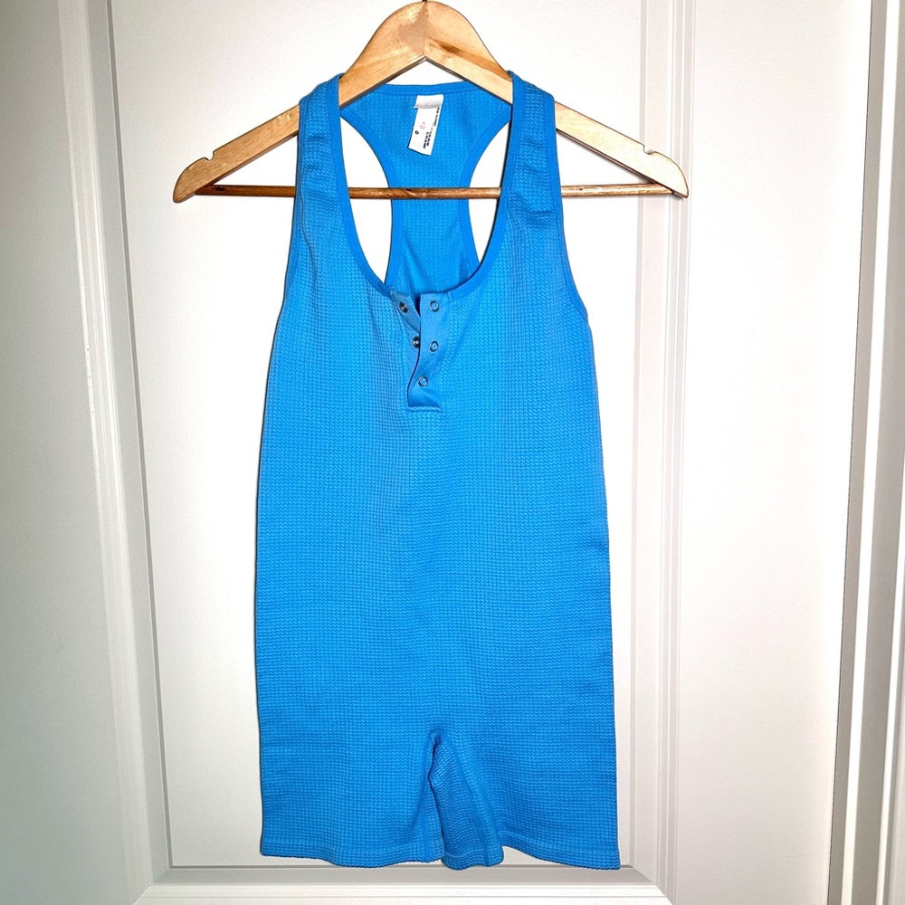 Colsie Vibrant Blue Henley Waffle Knit Tank Romper Medium